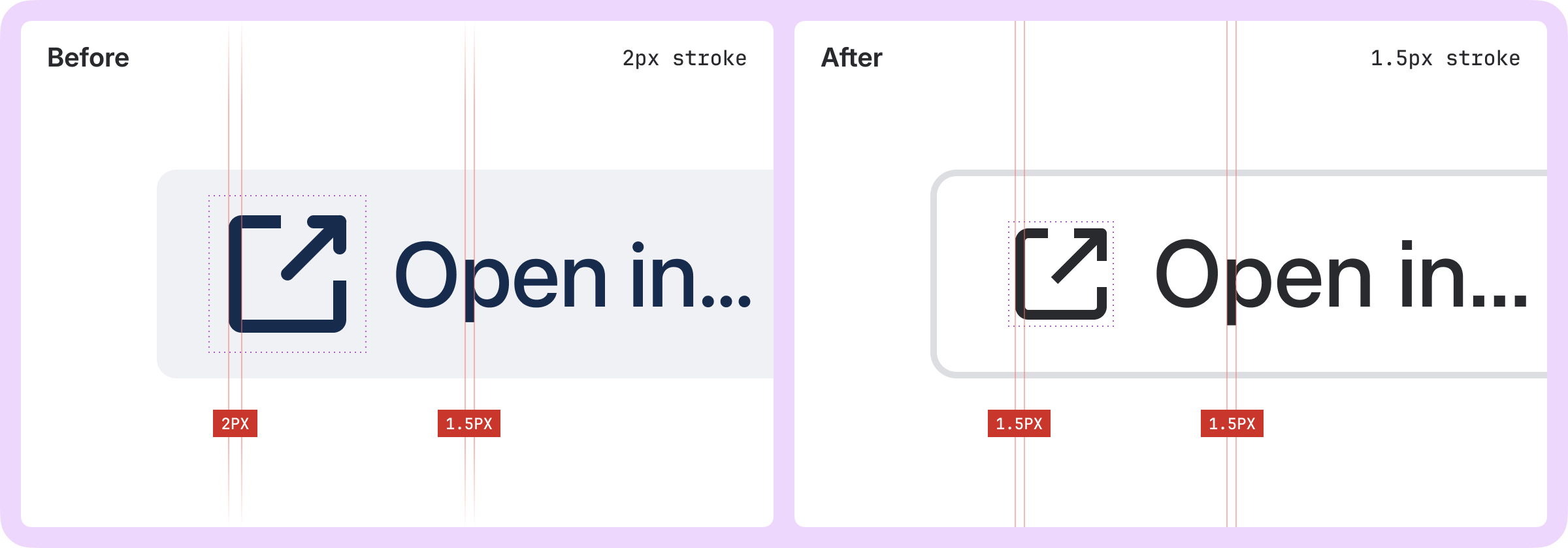 Two examples are provided of iconography paired with typography. One example shows how old icons of 2px stroke width were heavy compared to the weight of ADS typography, while the other shows icons of 1.5 stroke width and new ADS typography looking much more unified.