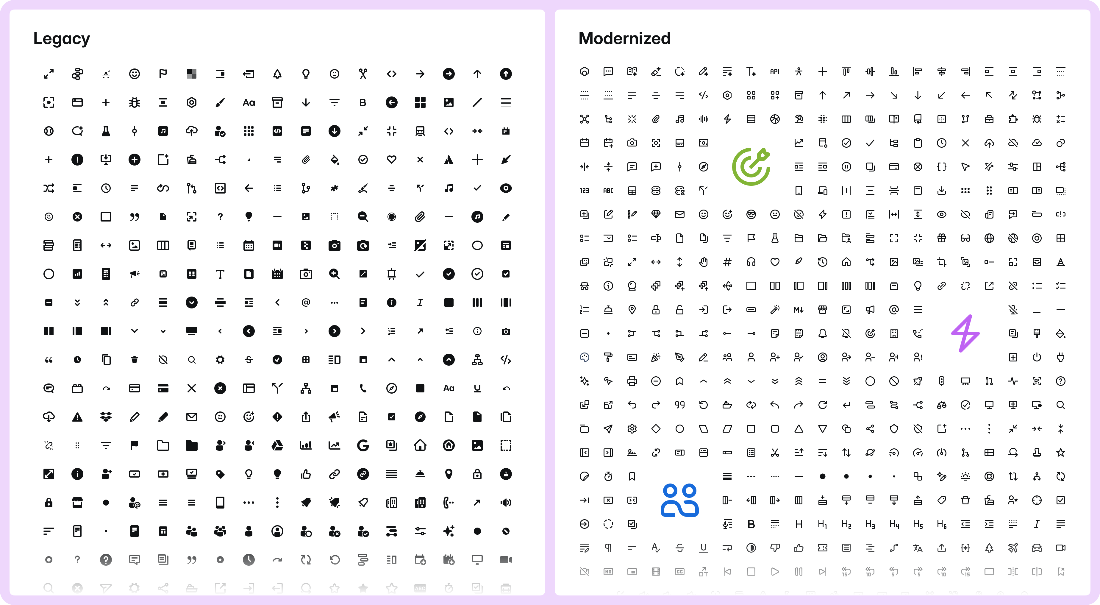 Two sets of icons are shown. The first shows the old icons, which look inconsistent, with some heavy, some light, and a variety of different sizes and styles. The second shows the new icons, which look like they are part of the same family.