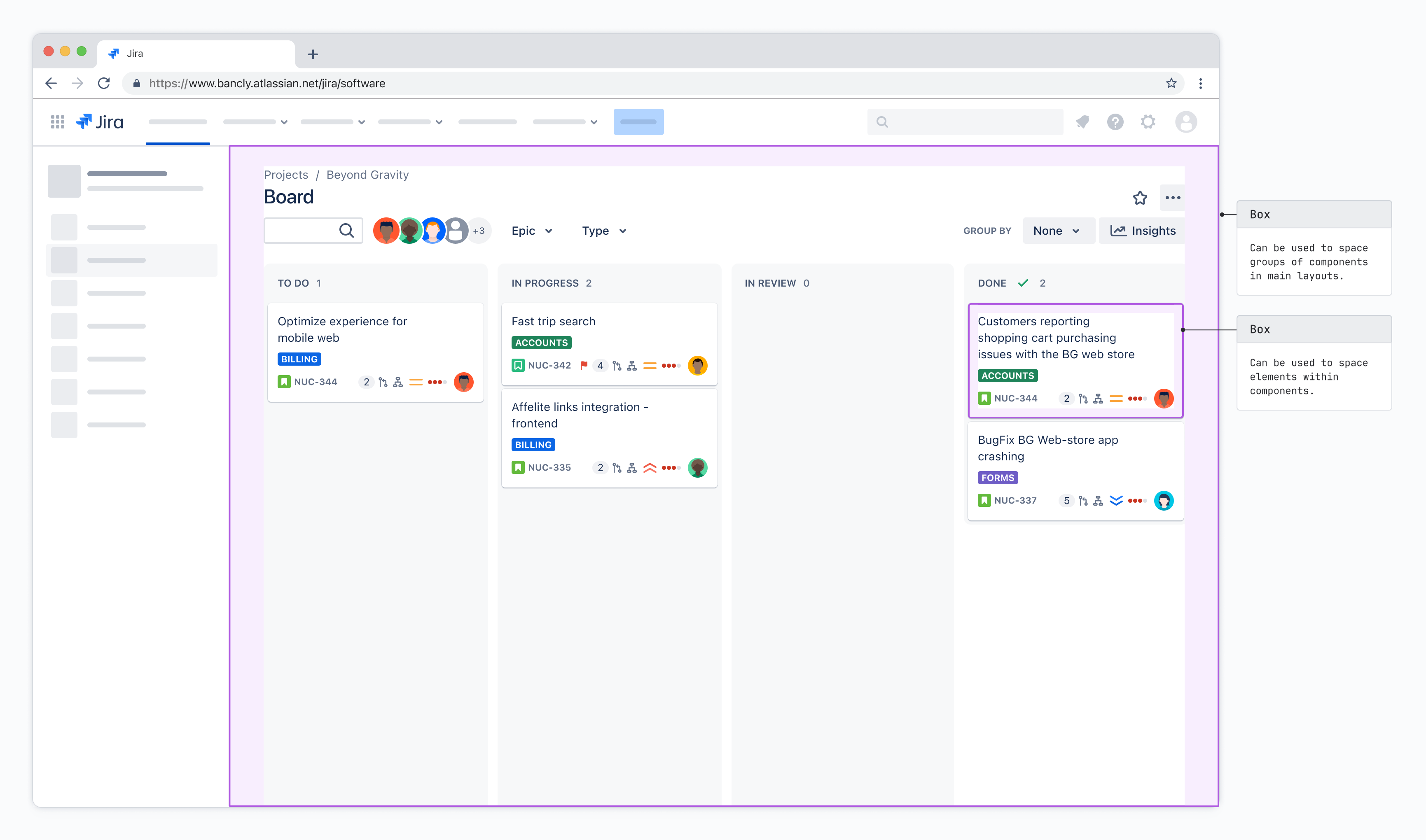 Screenshot of a typical Jira board with swimlanes. Various areas are highlighted as examples of how Box containers are used for layout