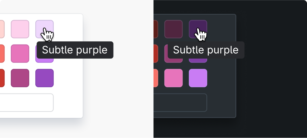 Color picker with tooltips showing theme-agnostic descriptions like subtle blue and bold blue