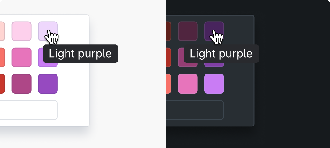 Color picker with tooltips showing theme-specific descriptions like light blue and dark blue