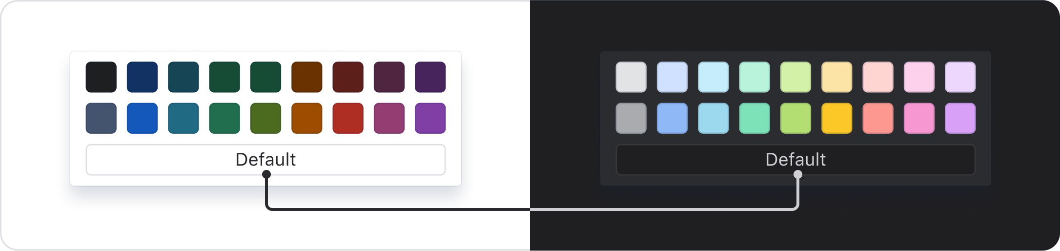 Color picker in both light mode and dark mode. One swatch option says 'White' in light mode and 'Black' in dark mode.