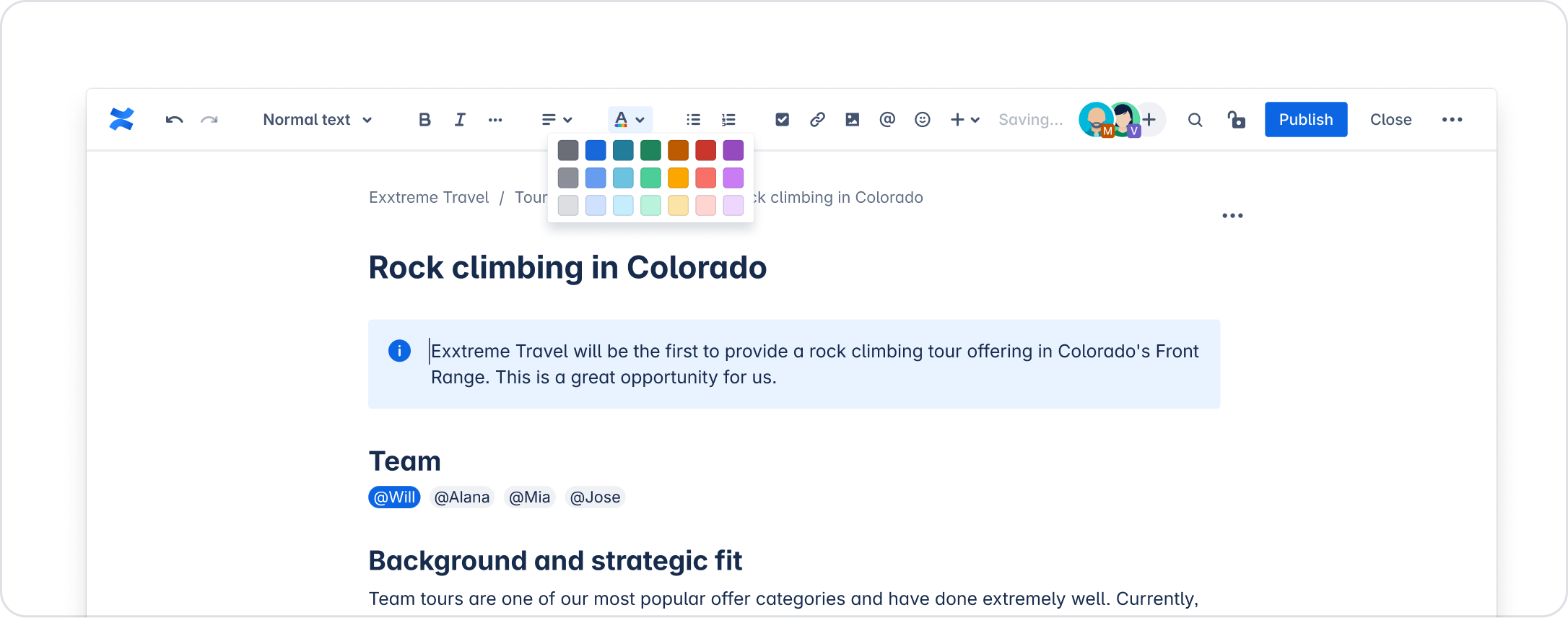 Confluence page in edit mode with the text color picker open.