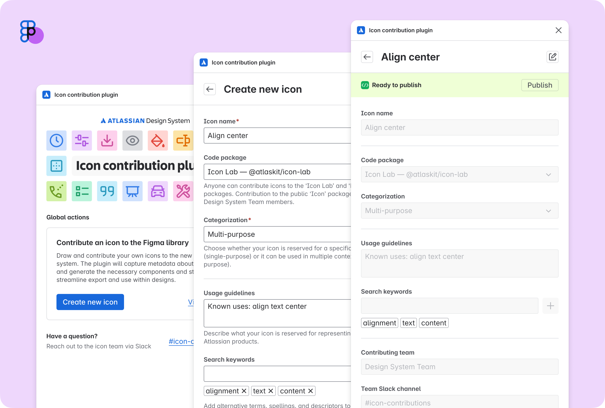 A series of screenshot of the Icon contribution plugin are shown, showing a home page with a prompt to create a new icon and contribute to the library, a 'create an icon' form with fields for category, usage guidelines and keywords, and the view pages for an icon, showing a 'publish' button in the top right. Together a workflow is shown for creating an icon and submitting it for review.