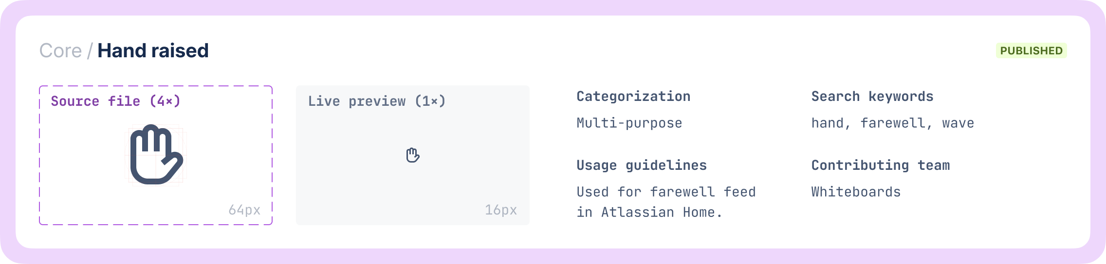 A screenshot of a 'source card' for an icon in Figma. It shows the source file edited by designers, at 4x size, a live preview of how it looks in apps, as well as rendered text with the icon metadata entered in the helper plugin.