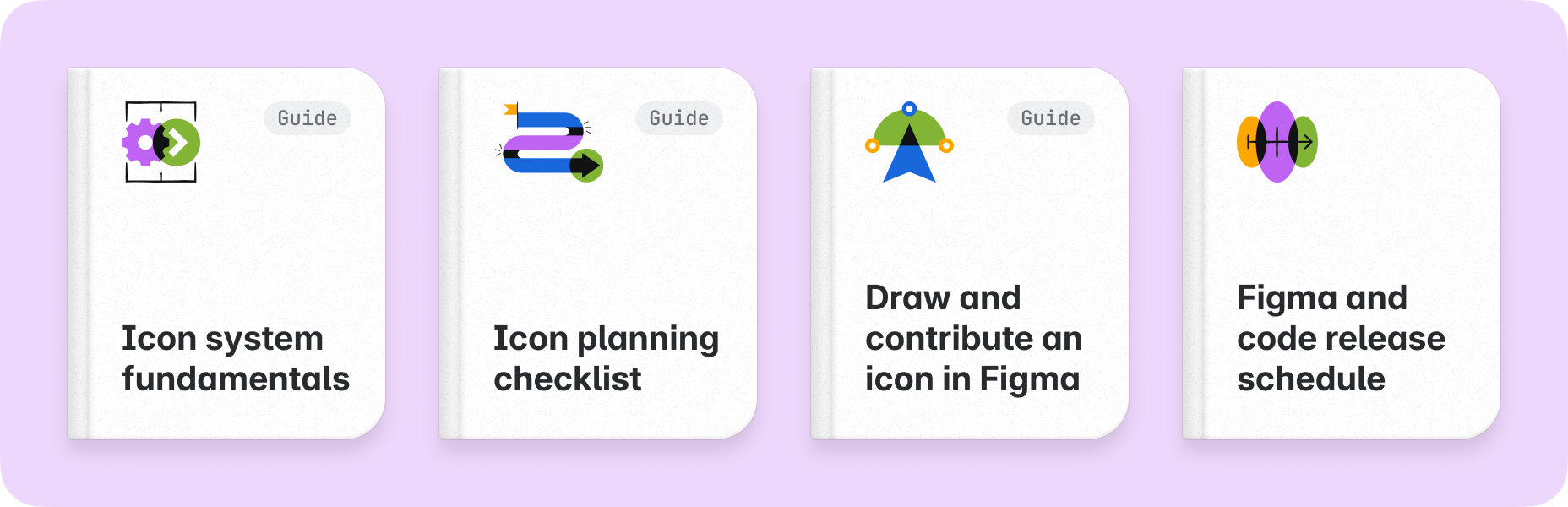 Four books are shown in a graphics, with the titles 'icon system fundamentals', 'icon planning checklist', 'draw and contribute an icon in Figma' and 'Figma and code release schedule'.