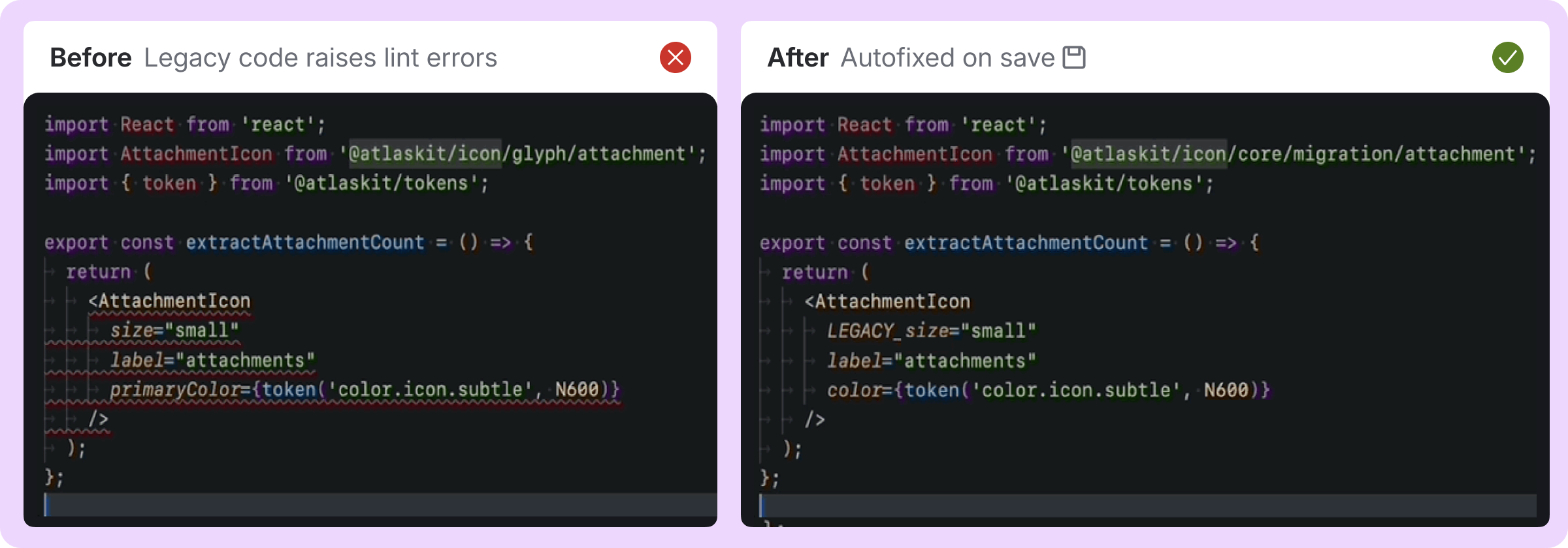 A gif demonstrating icon code transforming from the old code, to the new code after saving.