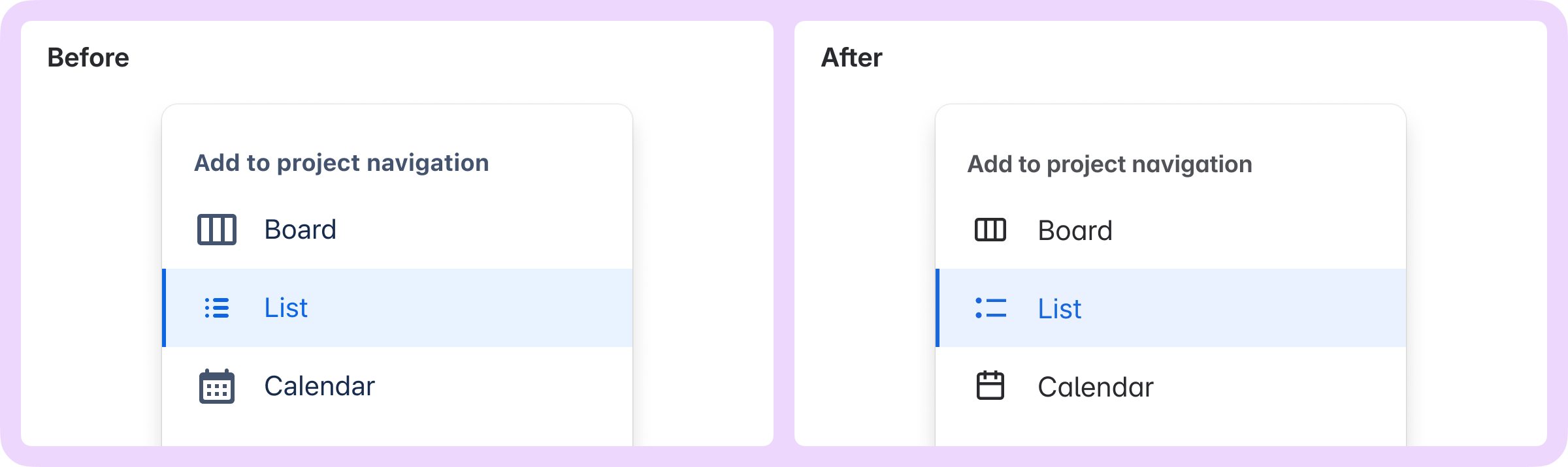 A sample of a dropdown menu with icons; before, the icons are used, and after, the new icons are used.