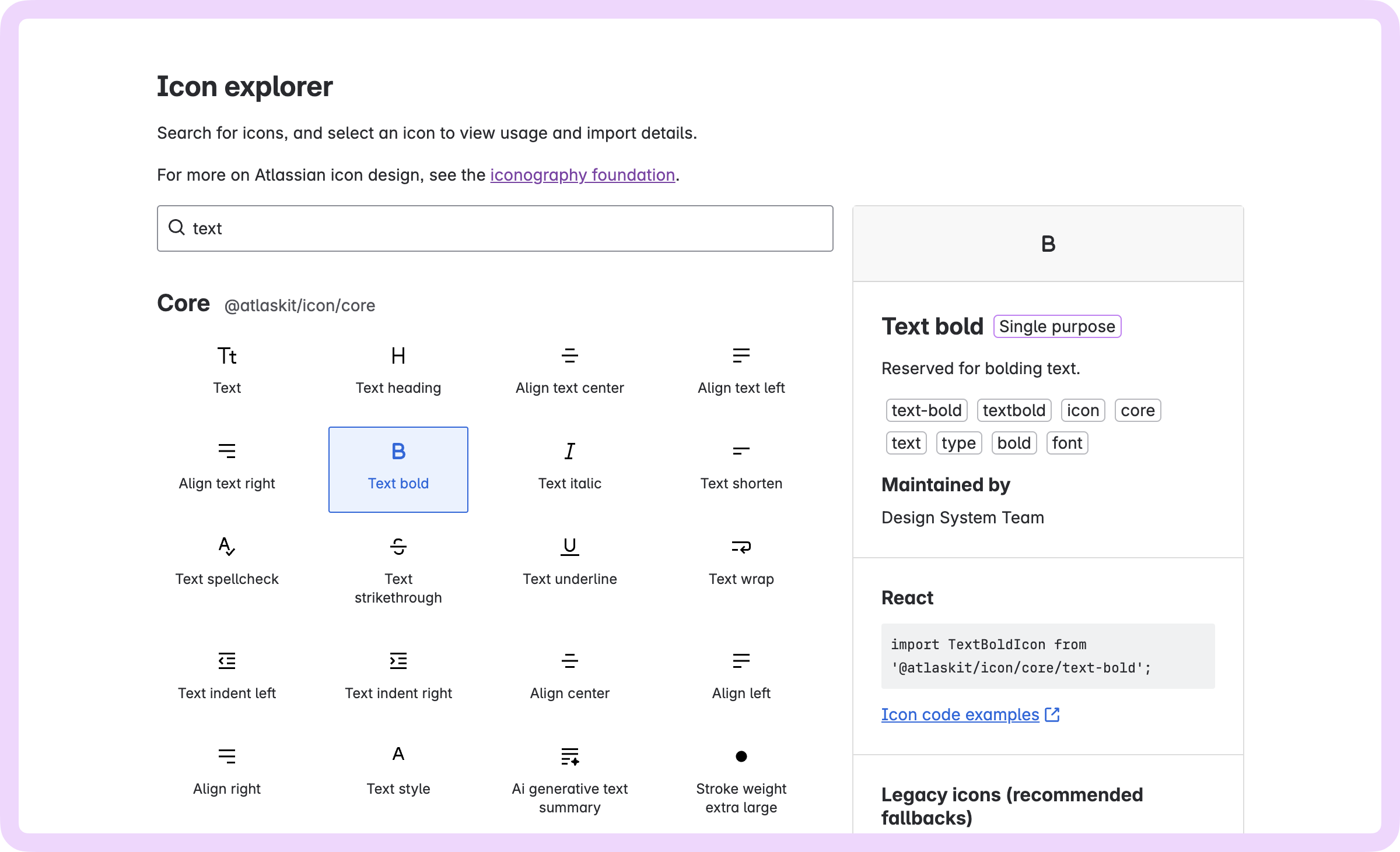 A screenshot of the icon explorer on Atlassian.design, showing a search bar, a list of icons, and a sidebar with categories, tags, react code and legacy icons.