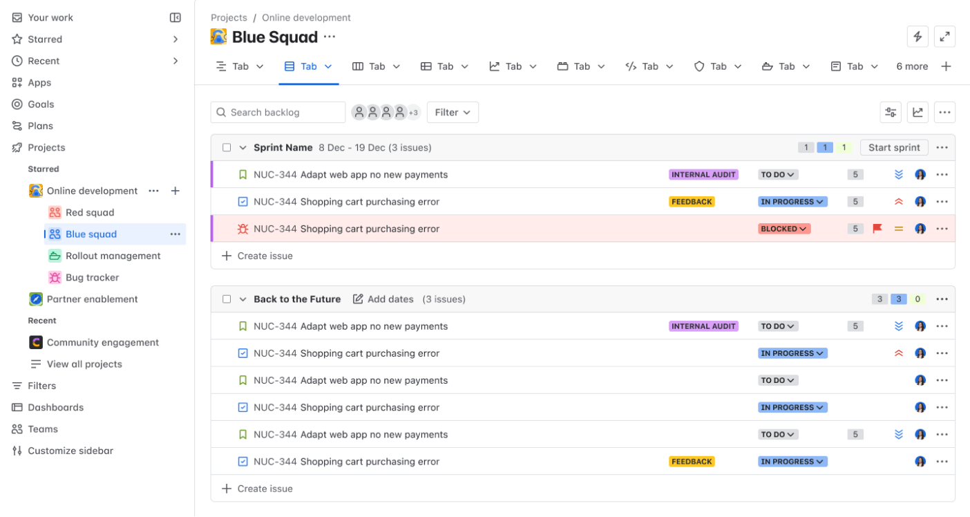 A Jira screen showing all the new Atlassian UI styles used together.
