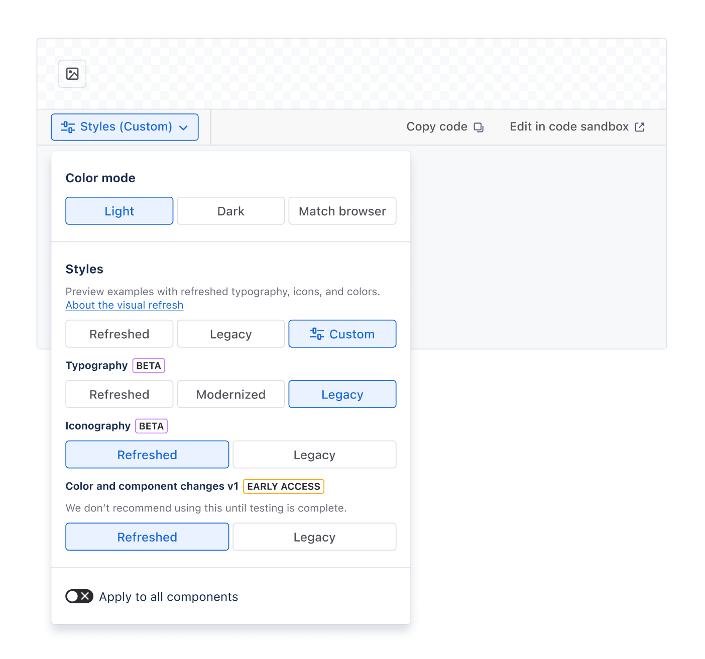 The new Styles dropdown menu for component examples, which allows users to customize previews using combinations of Typography, Iconography, and Color and component changes
