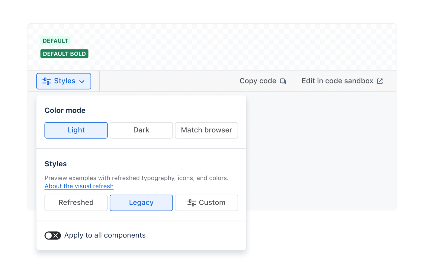 A component example from the Atlassian Design System documentation, featuring the new Styles dropdown menu which allows users to preview and apply the updated design styles.