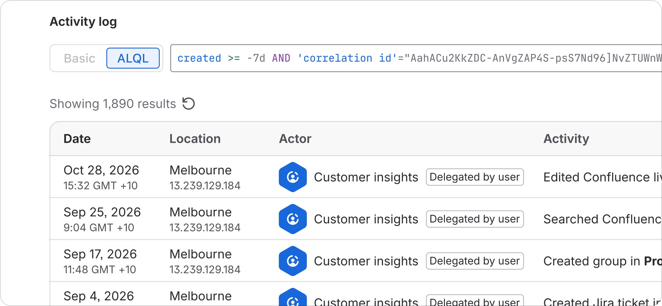 Activity log listing the Customer insights agent's actions, with dates, locations and labels showing that the actions were delegated by a user.