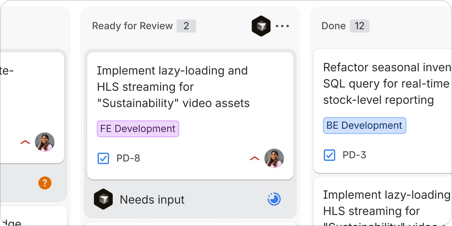 Cursor is added to a Jira board's Ready for Review column, with a Needs input status displayed beneath a work item.