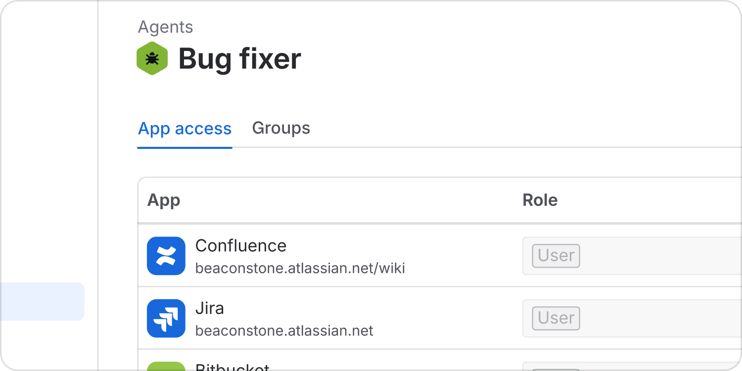App access settings for the Bug fixer agent list the Atlassian apps it can use and its role in each app.