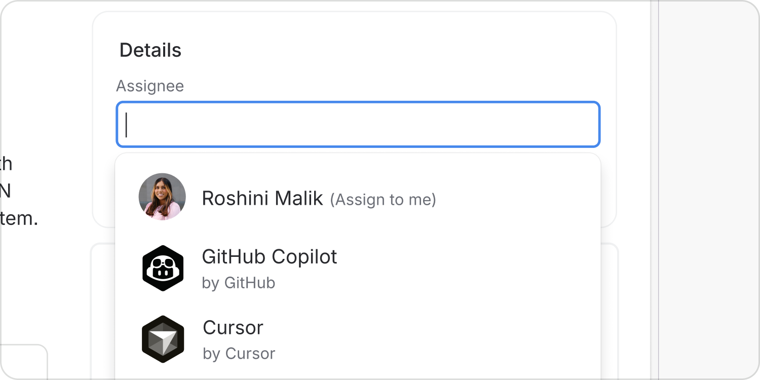 Jira's assignee picker lists people and coding agents together, with circular human avatars and hexagonal agent avatars.