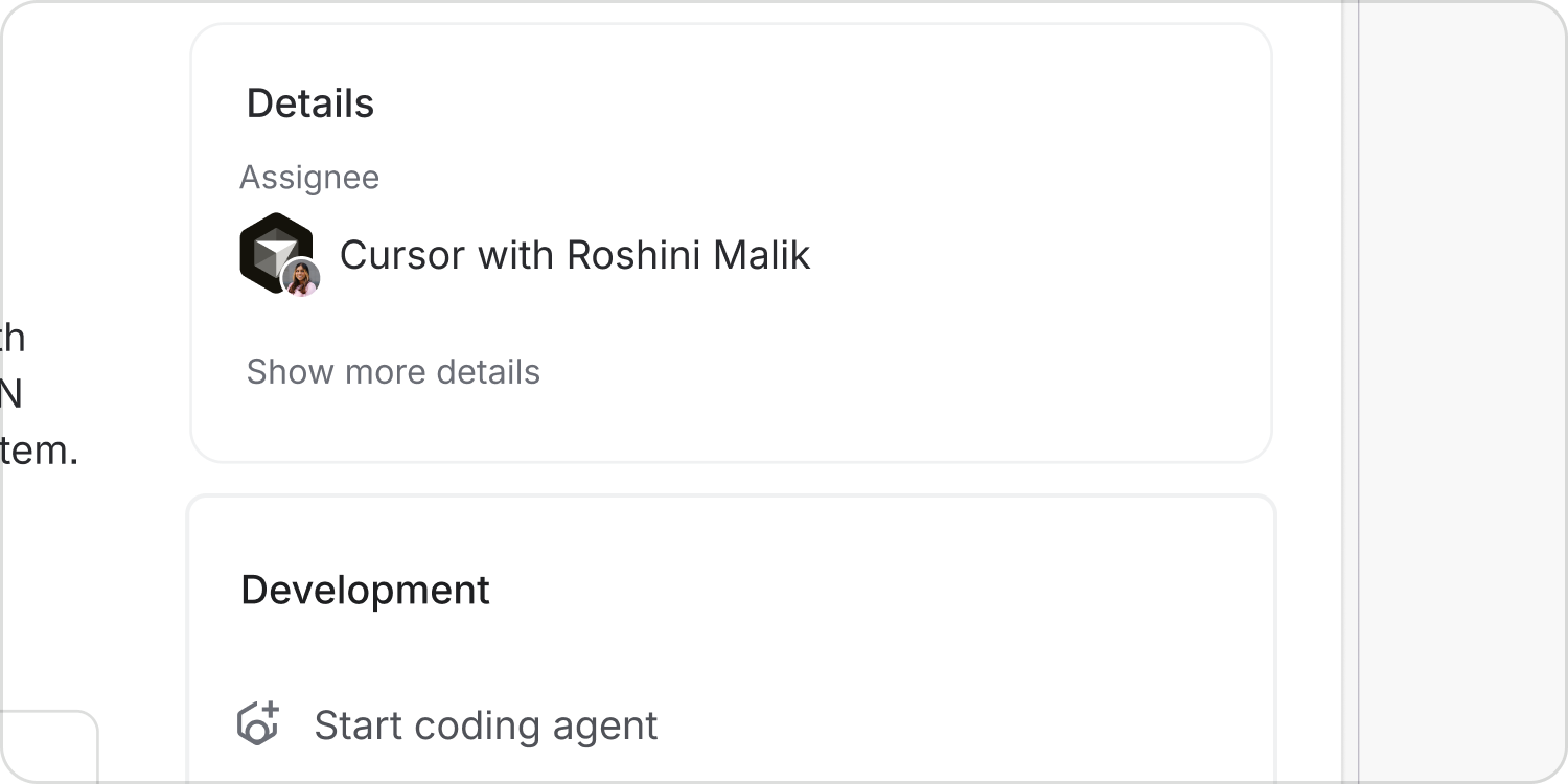 Jira's Assignee field shows Cursor with Roshini Malik, identifying the responsible agent and the person who assigned it.