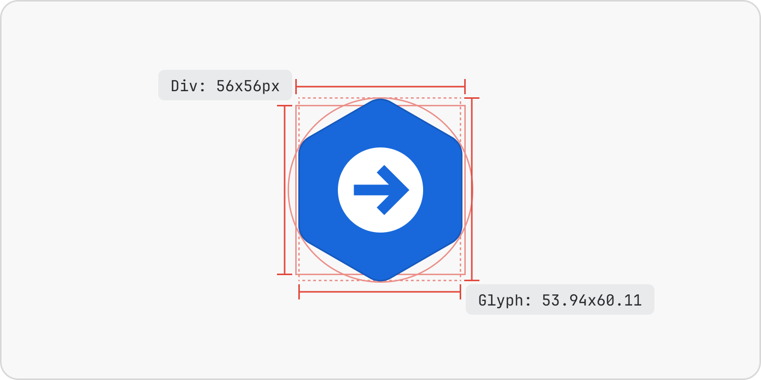 Agent avatar proportions: a 53.94-by-60.11-pixel hexagonal glyph sits within a 56-by-56-pixel container, appearing taller and narrower.