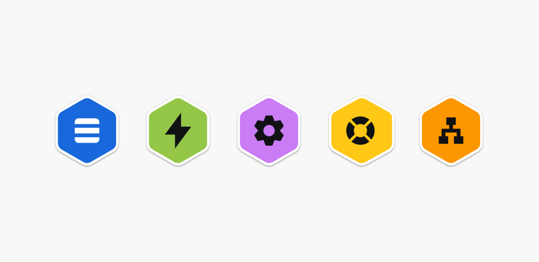 Five agent avatars use a white icon on blue and black icons on green, purple, yellow and orange backgrounds.