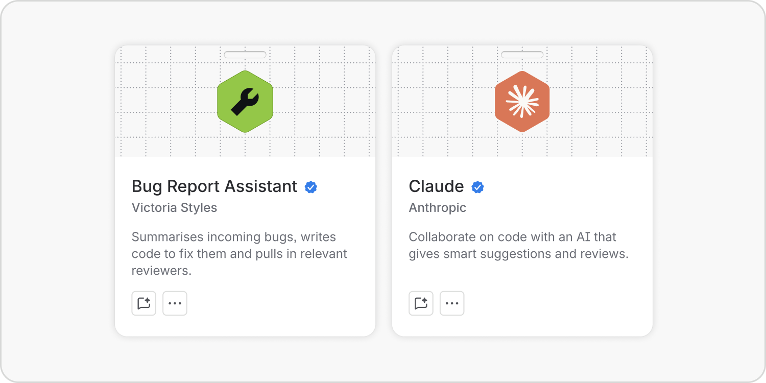 Lanyard-style cards for Bug Report Assistant and Claude show each agent's avatar, name, owner, verification badge, description and actions.