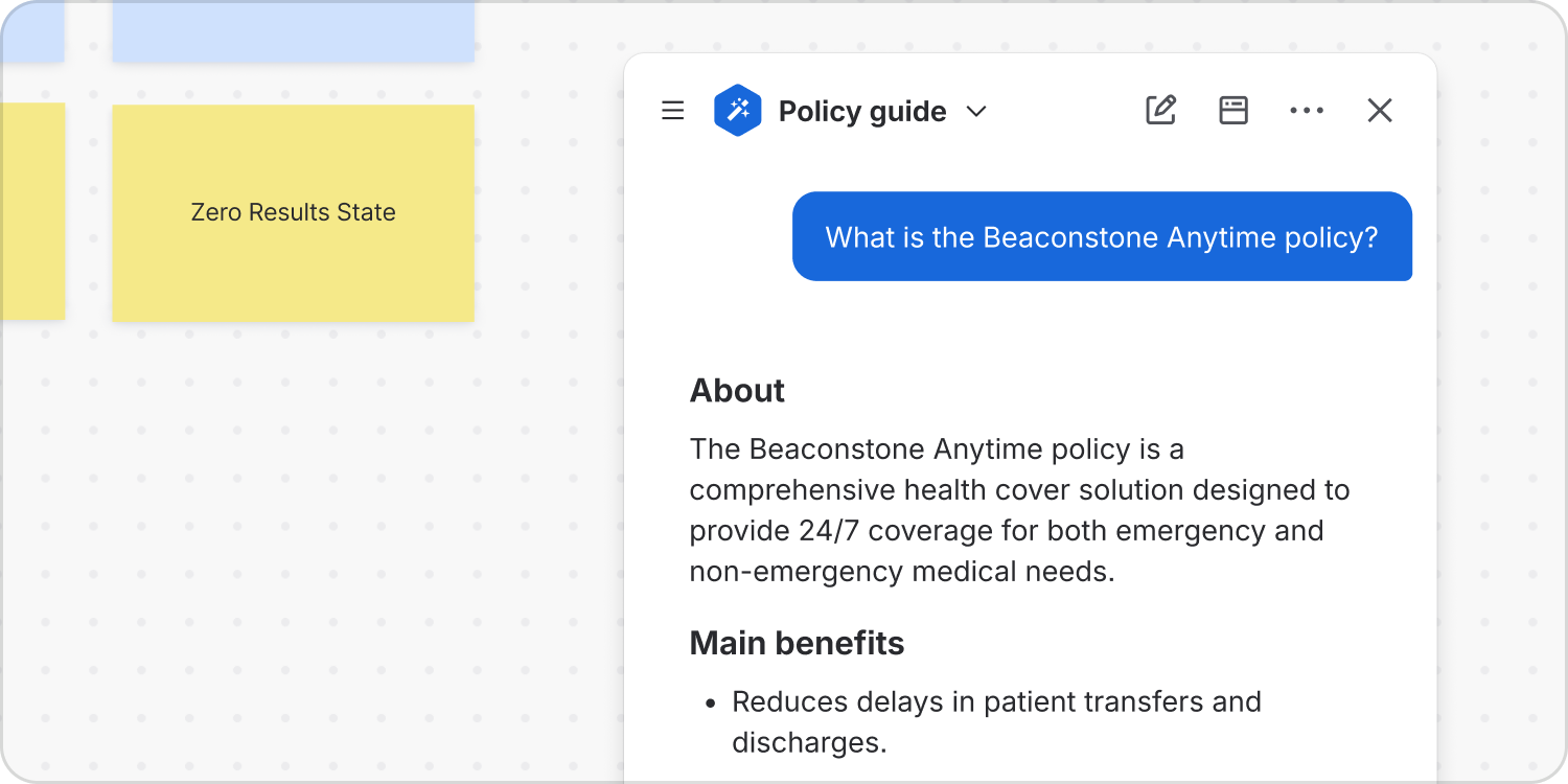 A Policy guide agent answers a question about the Beaconstone Anytime policy in a chat panel alongside a whiteboard.