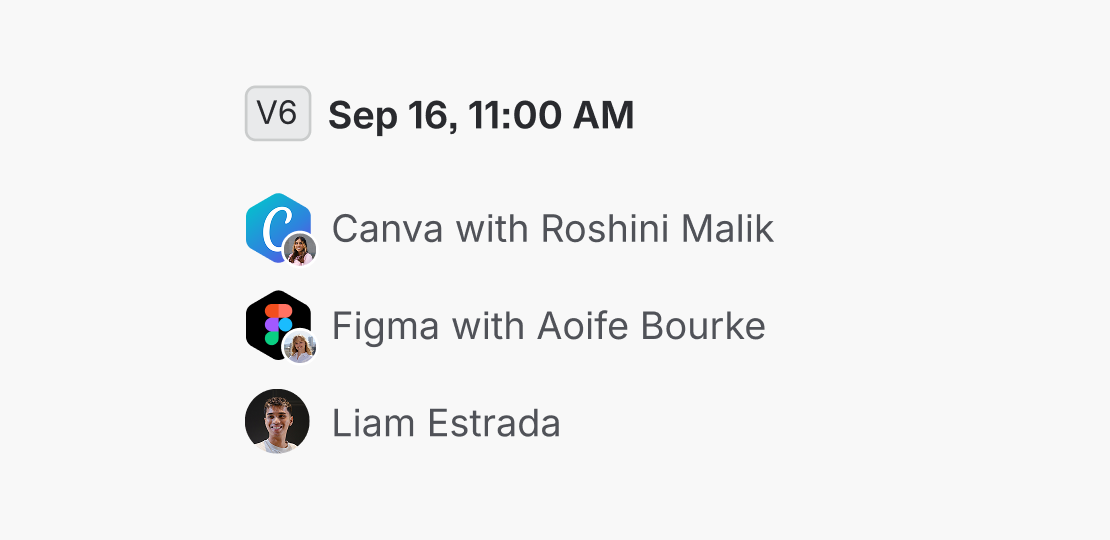 Page history identifies Canva with Roshini Malik and Figma with Aoife Bourke, alongside Liam's direct contribution.