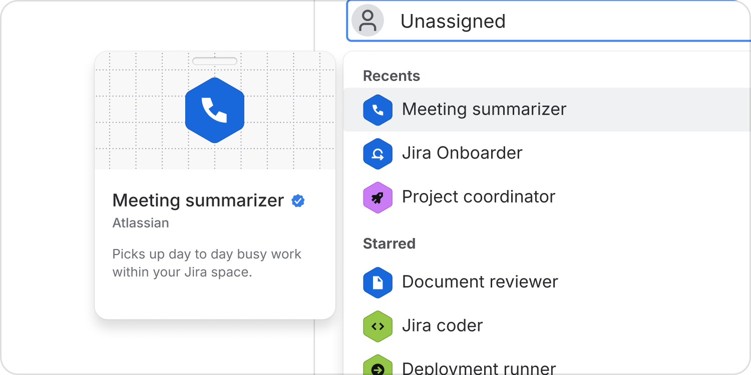 Hovering over Meeting summarizer in an assignee picker shows a simplified agent card with its name, owner, verification badge and description.