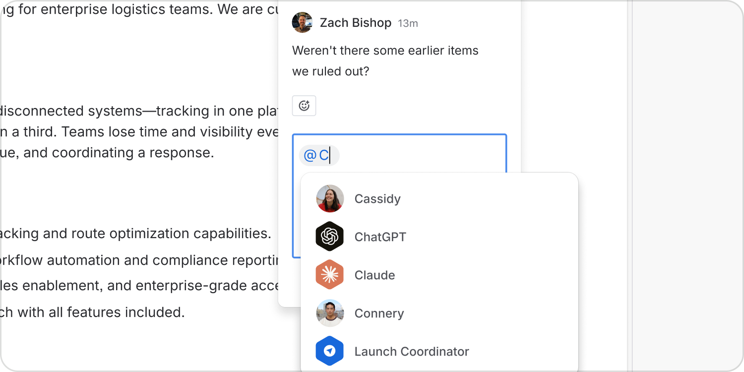 Typing an at-mention in a page comment opens a picker containing both people and agents, distinguished by their avatar shapes.