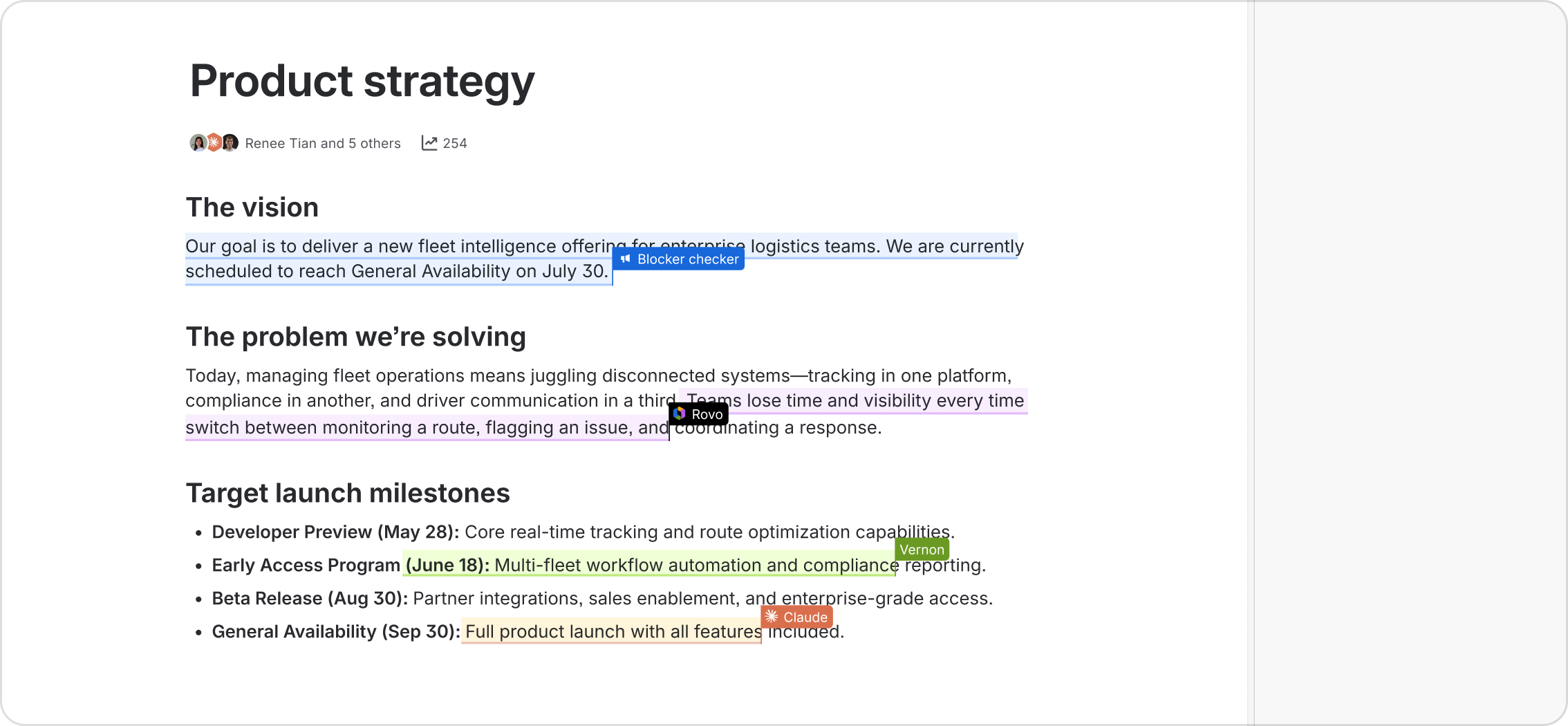 People and agents edit a product strategy page together, with named cursors and highlighted text showing each participant's work.