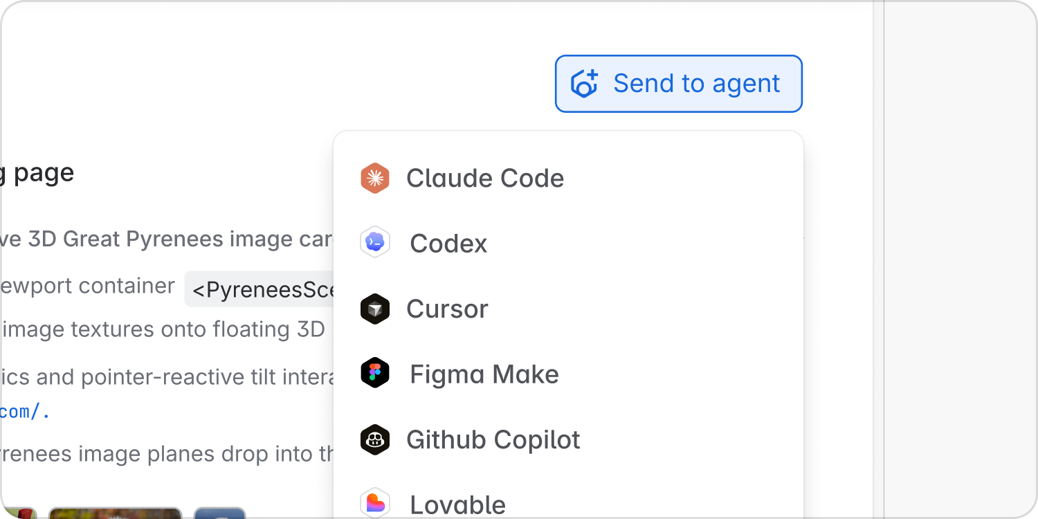 A Loom Send to agent menu offers Claude Code, Codex, Cursor and other tools as destinations for a video-based brief.