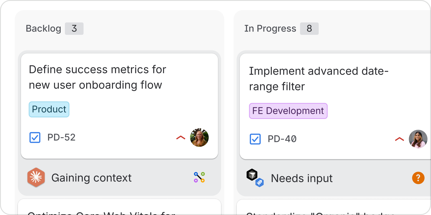 Jira cards show agent session states such as Gaining context and Needs input, making progress and requests for guidance visible.