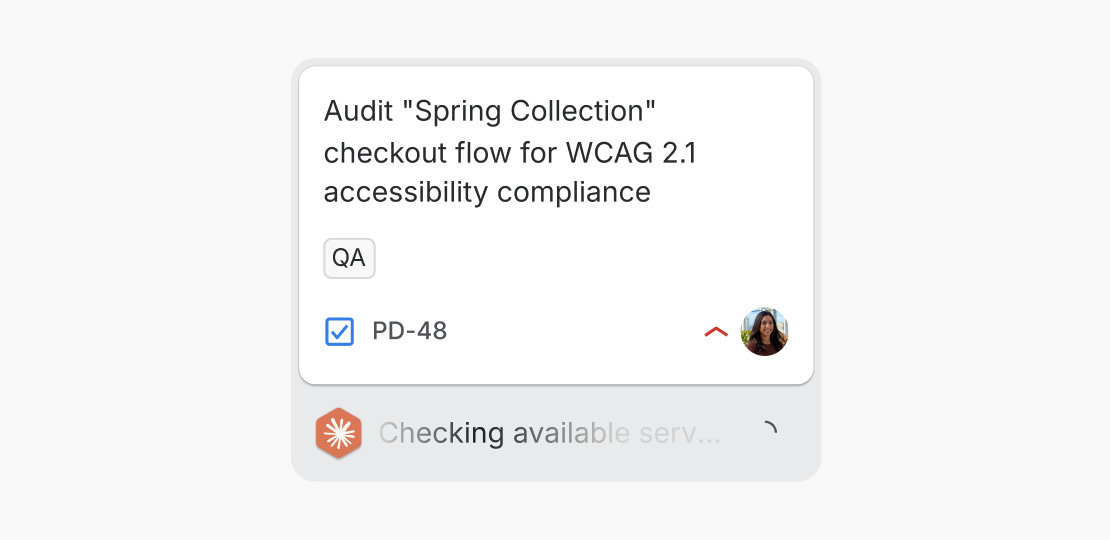 A Jira work item shows Claude's current activity, Checking available services, beneath the card.