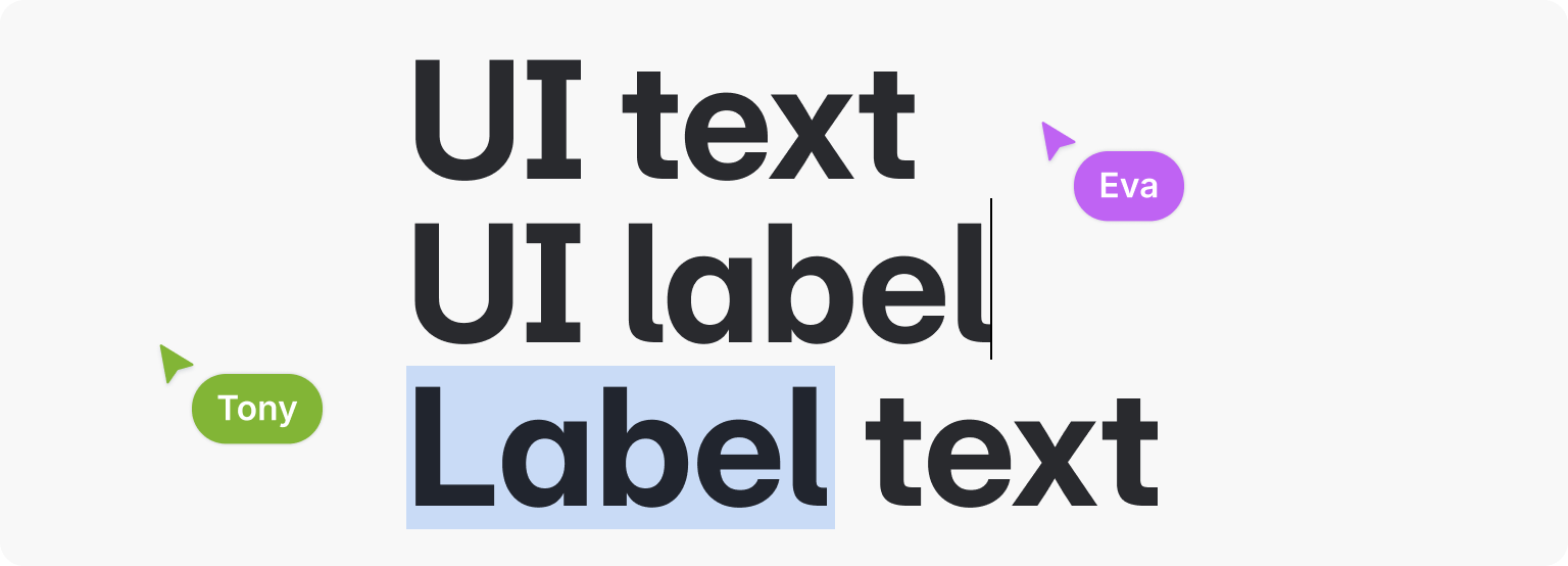 The words 'UI text' written in one line with 'UI Label' in antother and 'Lable text' in another accompanied by user cursors 'Eva' and 'Tony'.