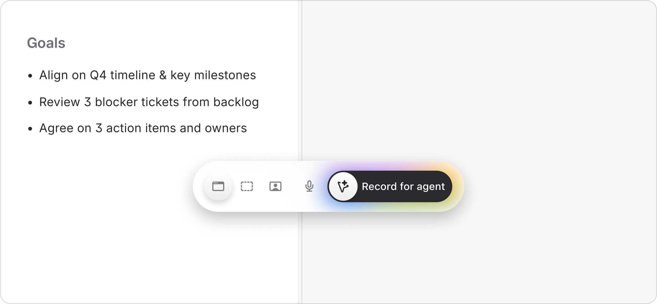 A Record for agent control lets a person create a video brief while viewing a document's goals.