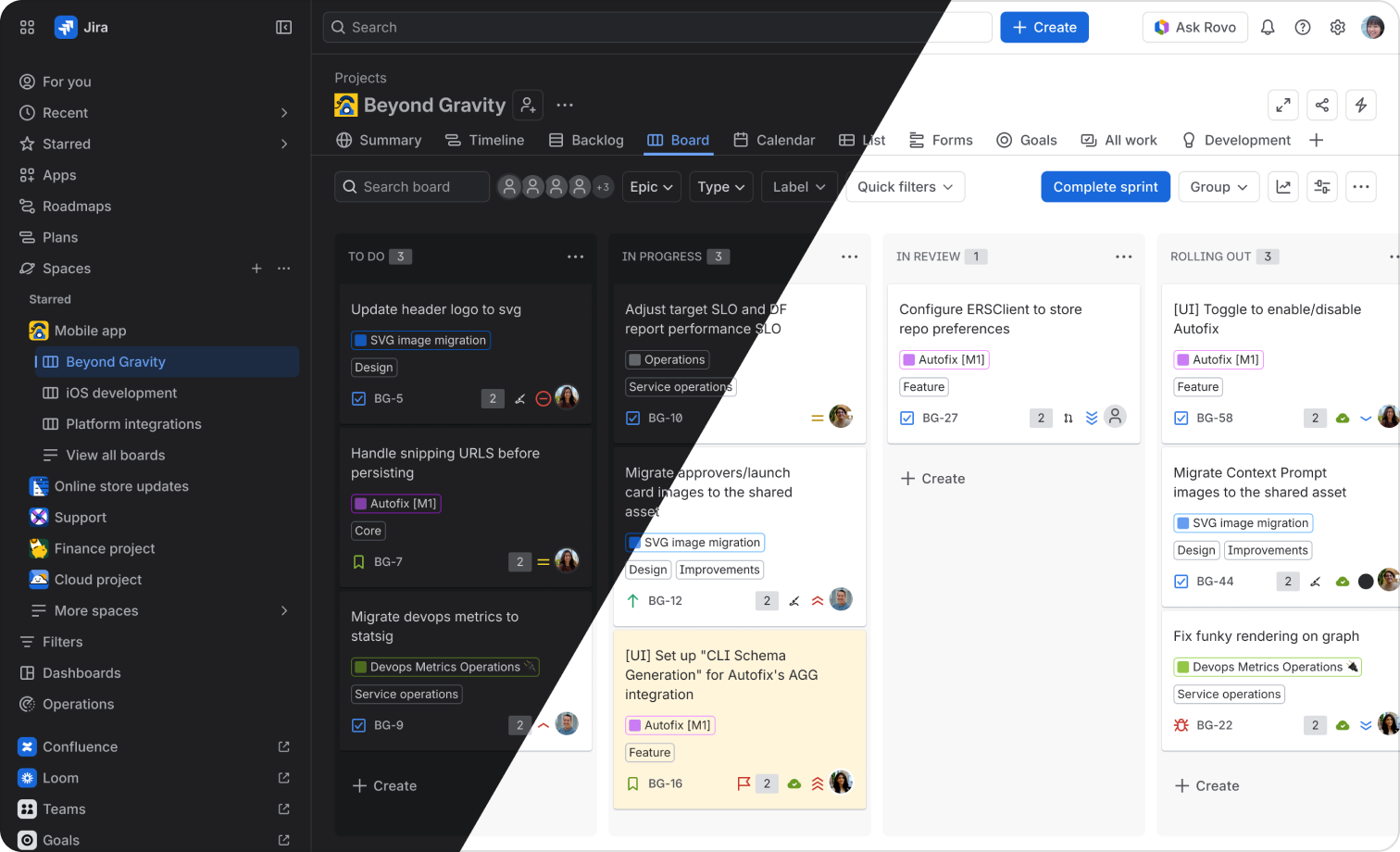 Screenshot of a Confluence page, which is shown half in light mode and half in dark mode. The button background uses B700 in light mode and B400 in dark mode. The section message background uses B100 in light mode and B1000 in dark mode.