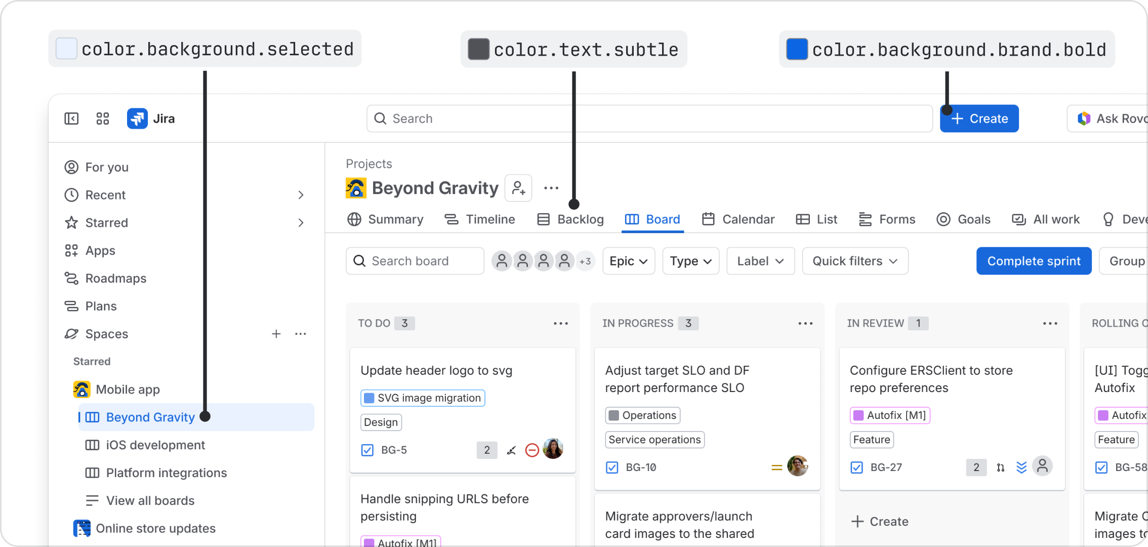 Screenshot of a Jira board mapped to different token examples. The board title uses “color.text”, task icon uses “color.icon.accent.green”, and the button background uses “color.background.brand.bold.