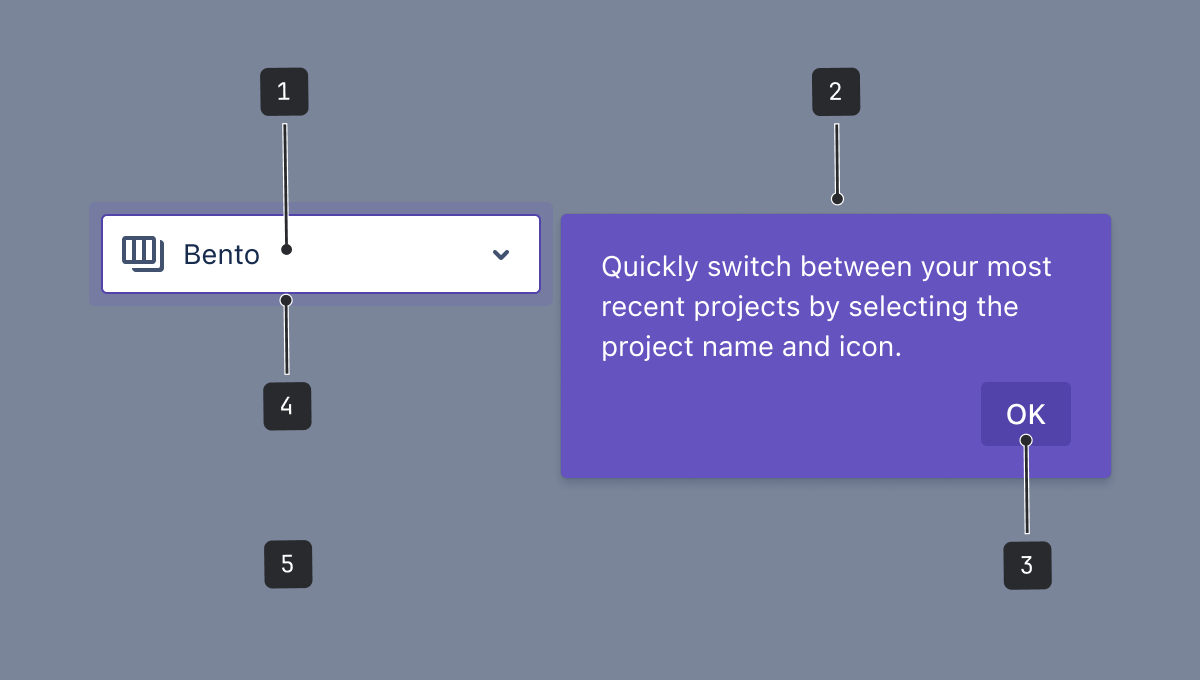 A dropdown menu is highlighted by a purple spotlight ring. To the right of the menu there is a message with the text "Quickly switch between your most recent projects by selecting the project name and icon. The call to action is "OK".
