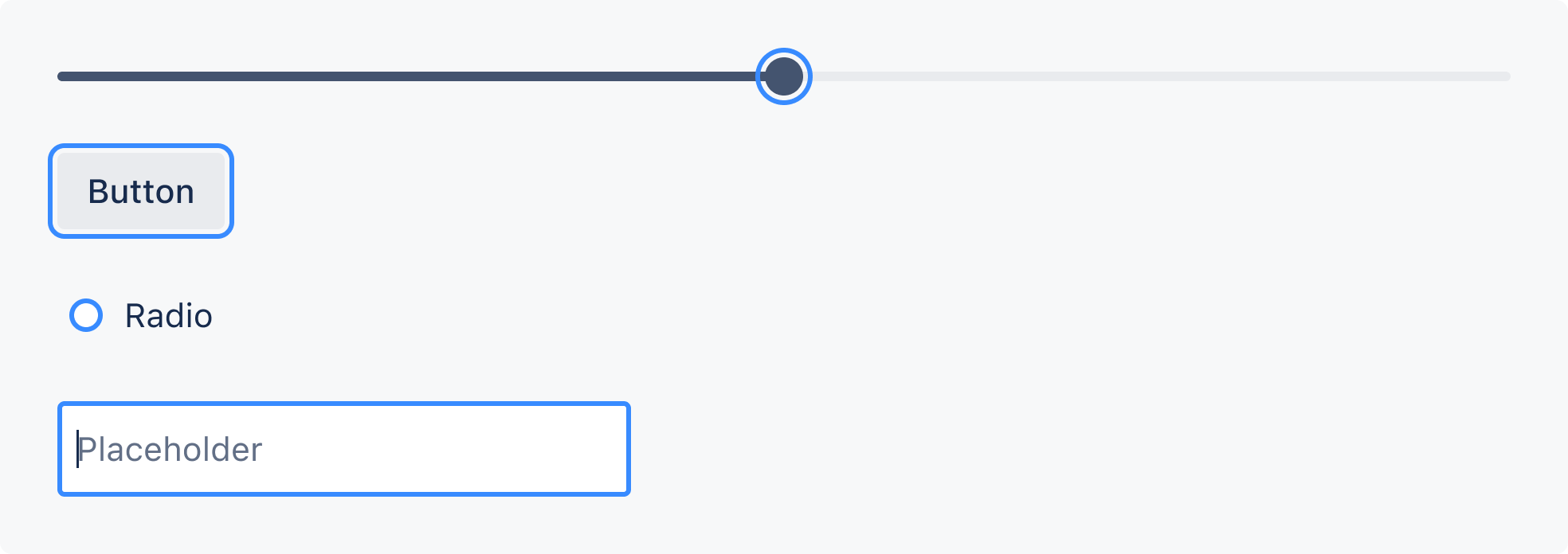 A few different generic components shown with a focus ring around them. A slider circle and button show an outside lined focus ring, while the radio and text input have an inset focus ring line. The line is blue.