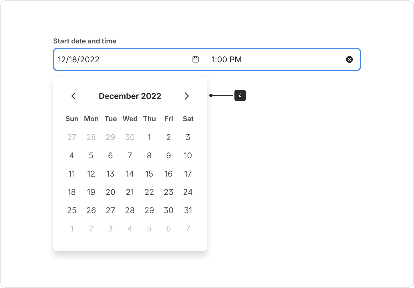 The calendar is a dropdown menu that opens below the date field.