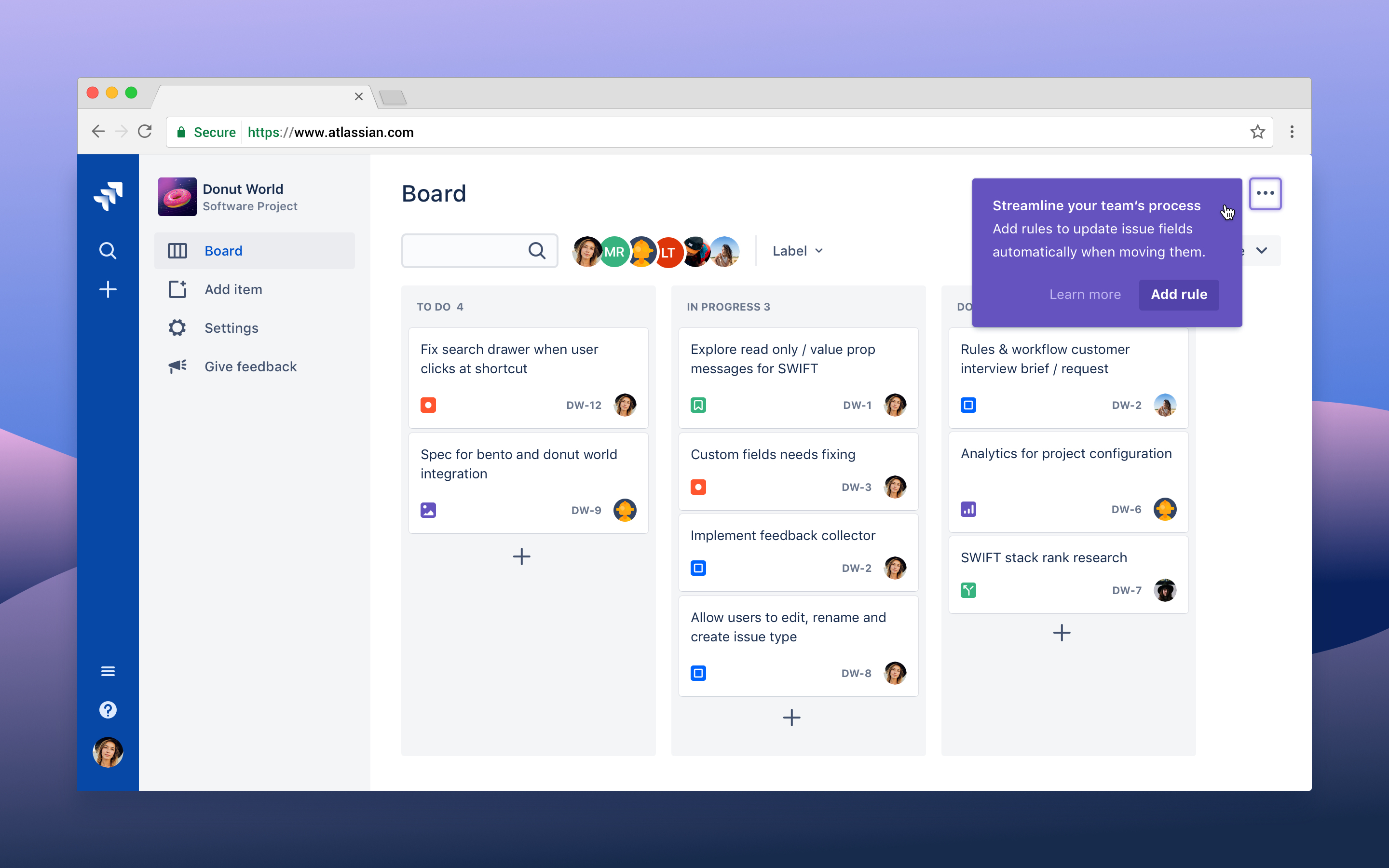 A Jira agile board showing a spotlight trigged by an admin repeating an action. The spotlight encourages the admin to use a new feature that automates this task.