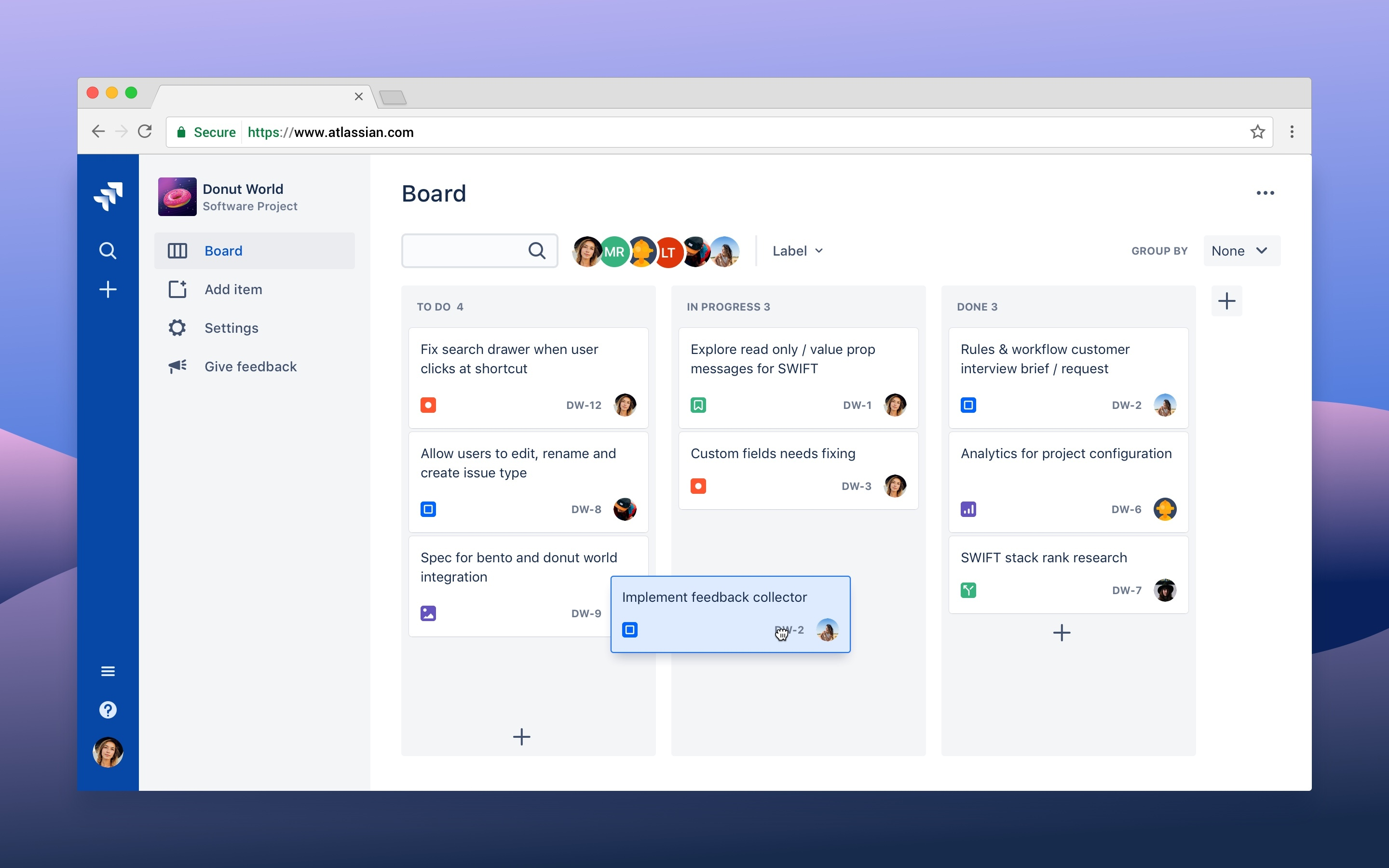 A Jira agile board showing an inflection point example as the admin moves a card across the board