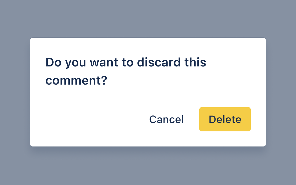 Confirmation modal asking do you want to discard? Button label says Delete