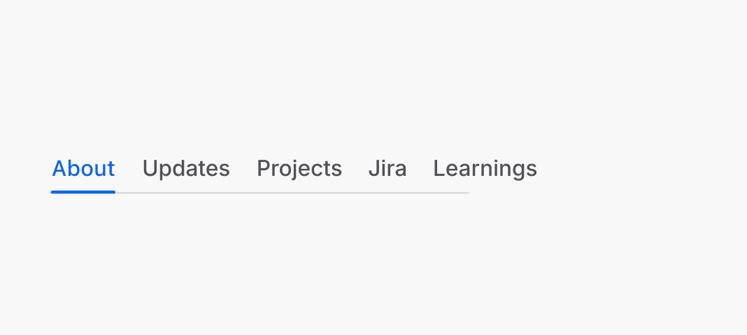 Tabs that say in order: about, updates, projects, Jira, and learnings.