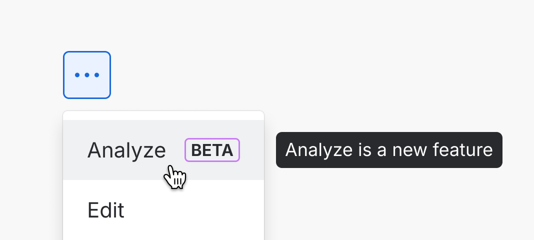 An interactive menu item with a beta lozenge. The menu item is currently hovered, displaying a tooltip saying it is a new feature