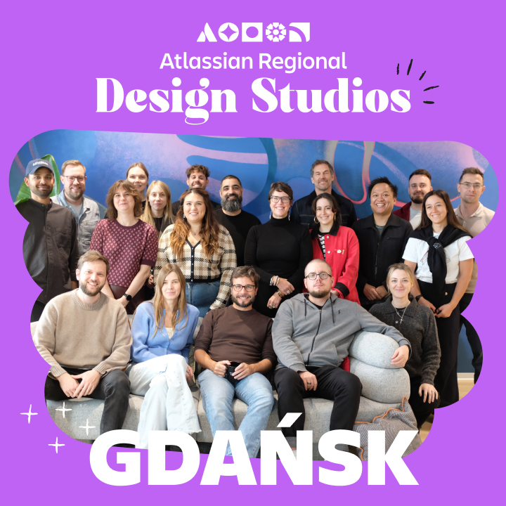 A group of designers at an office. A caption says "Atlassian regional design studios - Gdansk