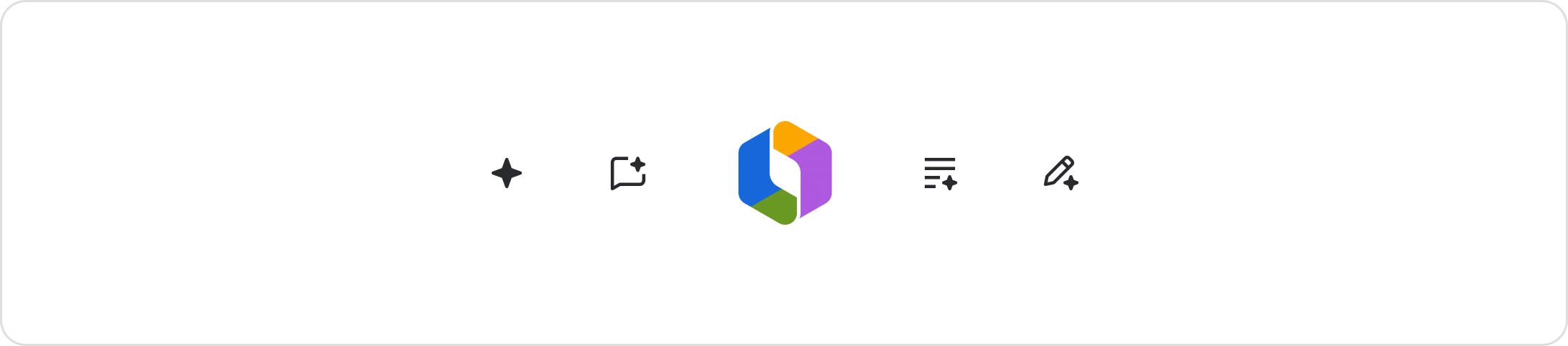 The Rovo logo is hexagonal with a multi-colored effect. AI icons use a sparkle on other common icons to denote AI, such as a chat bubble with a sparkle.