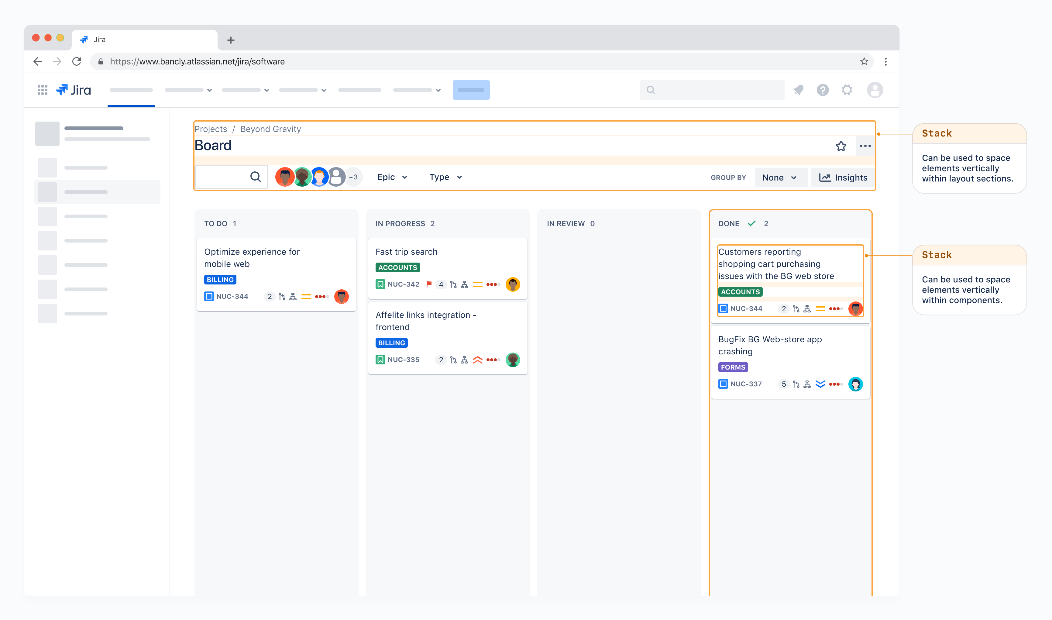 Screenshot of a typical Jira board with swimlanes. Various areas are highlighted as examples of how Stack containers are used for layout